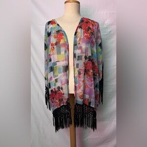 Floral Watercolor Fringe Kimono Cardigan - Multicolor